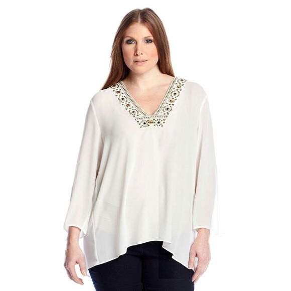 New! MICHAEL KORS Women's Plus Size Embellished Top Blouse V-neck Lightweight - Picture 1 of 5